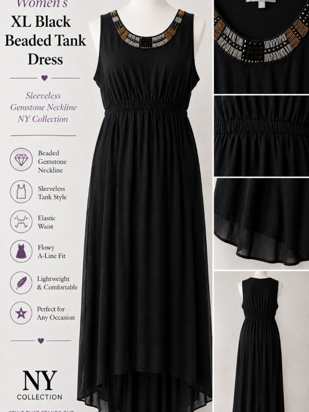 Women's XL Black Beaded Tank Dress Sleeveless  Gemstone Neckline NY Collection